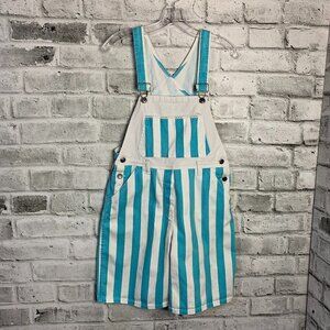 Vintage 90s Pink Soda Striped White Denim Bib Overalls Shortalls